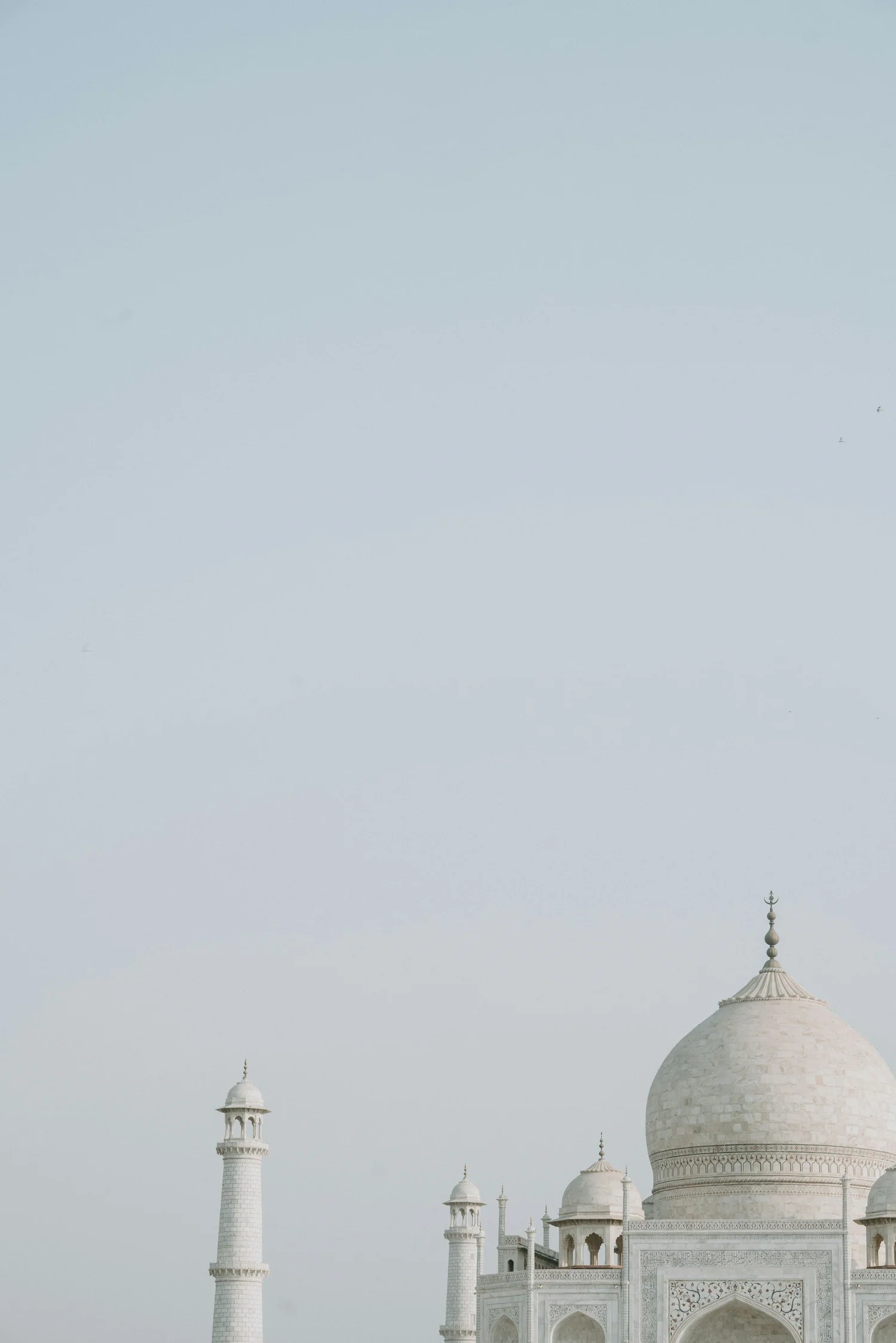 Part of the Taj Mahal with a portion of the white marble dome and minarets visible against a light sky.