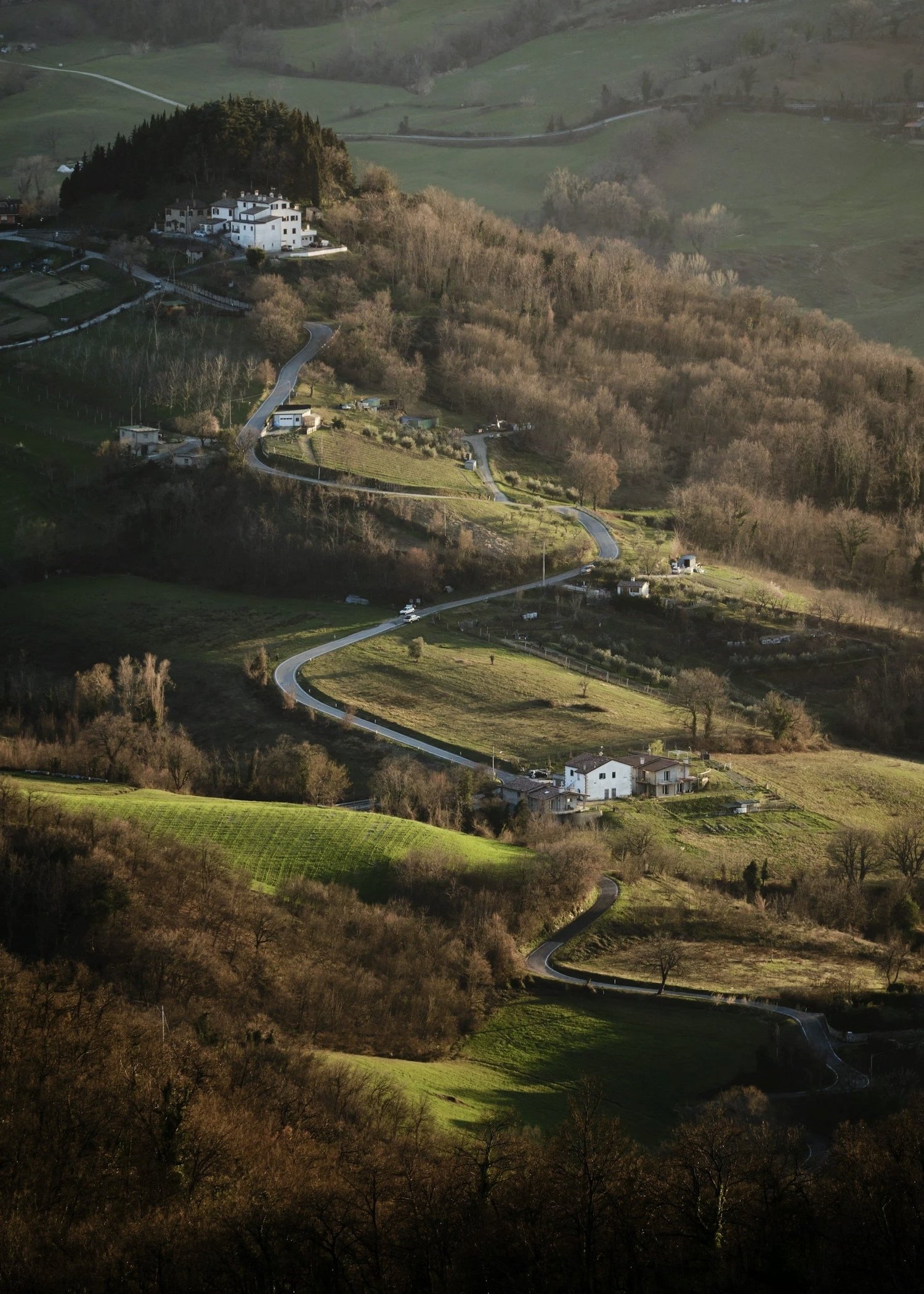 An aerial view of a hilly landscape with winding roads, scattered trees, and houses, some on hills and others in valleys, in a rural area during daytime.