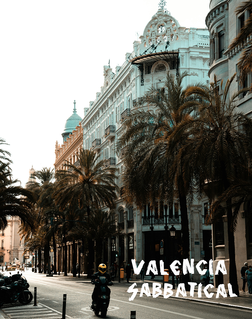 Street scene in Valencia with palm trees, historic buildings, and a scooter, captioned 'Valencia Sabbatical'.