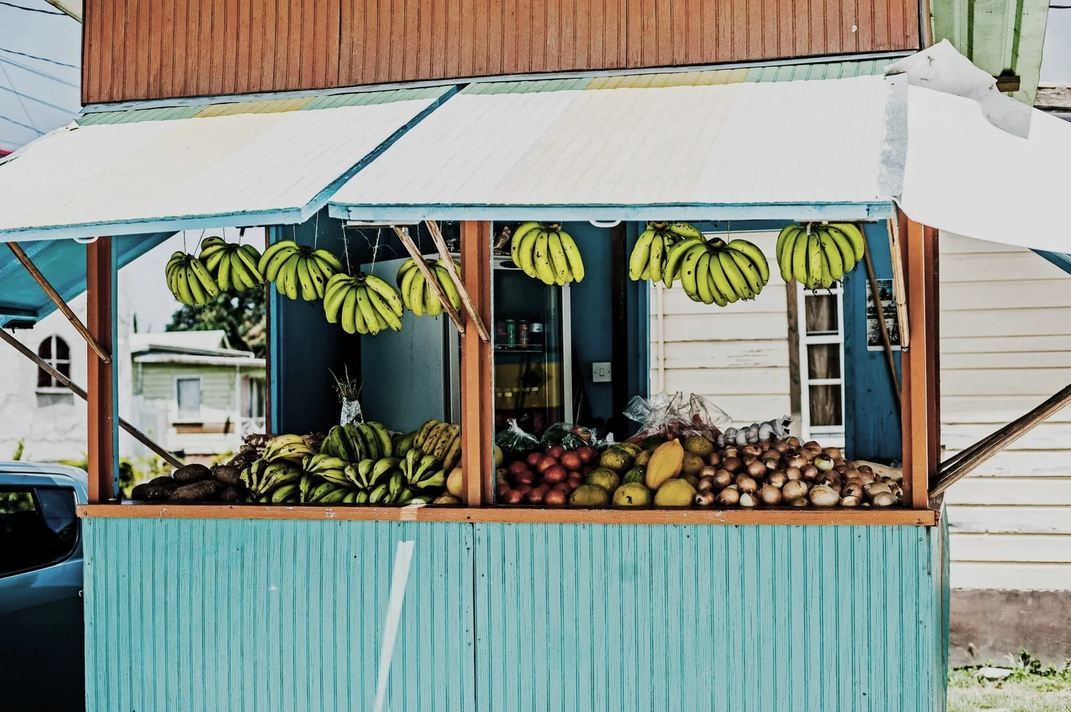 Outdoor fruit stand with hanging bananas and piles of bananas, onions, and other fruits.