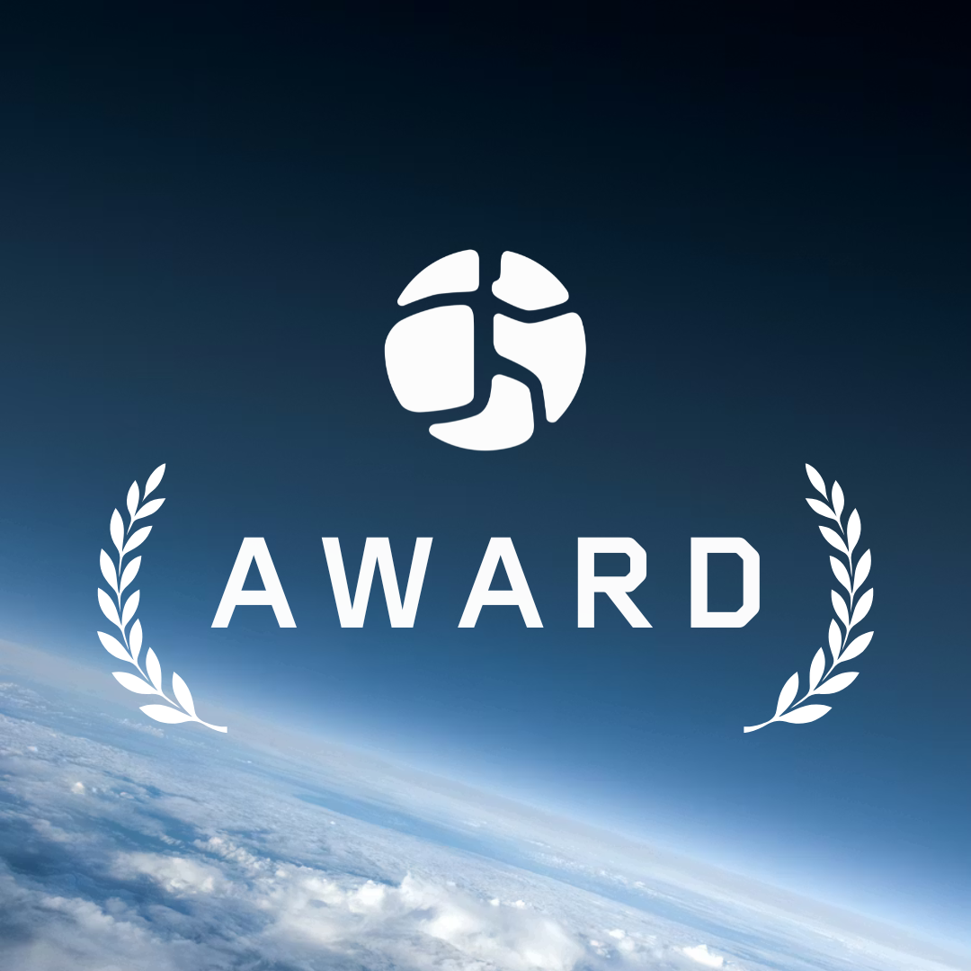 Graphic design featuring an award emblem with a globe icon, the word 'AWARD' in capital letters, and laurel branches on a background of Earth's atmosphere from space.
