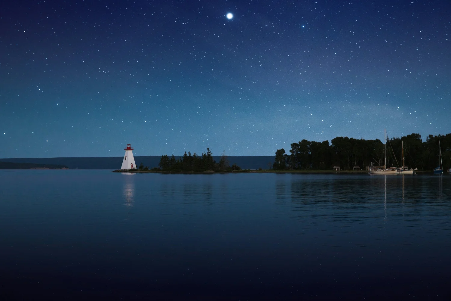 Nighttime scene of a calm body of water with a lighthouse on the left, a small island with trees in the middle, and sailboats on the right, under a starry sky.