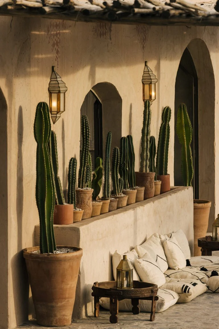 Rows of tall cactus plants in terracotta pots along a white stucco wall with open arches, illuminated by wall-mounted lanterns, adjacent to a cushioned seating area with pillows and a small wooden table.