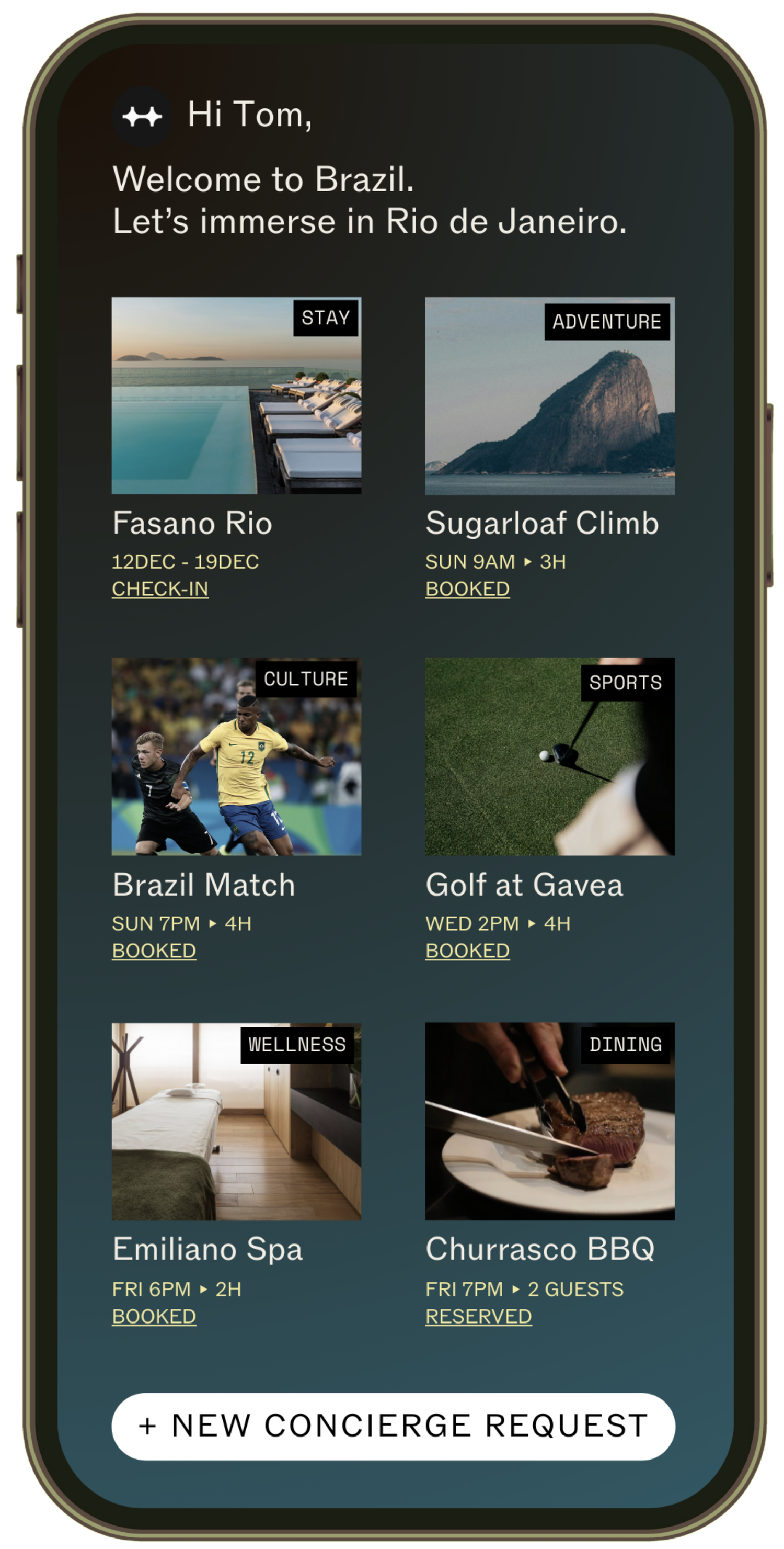 Mobile app screen showing various travel and activity options in Brazil, including stay, adventure, culture, sports, wellness, and dining experiences, with details and booking status.