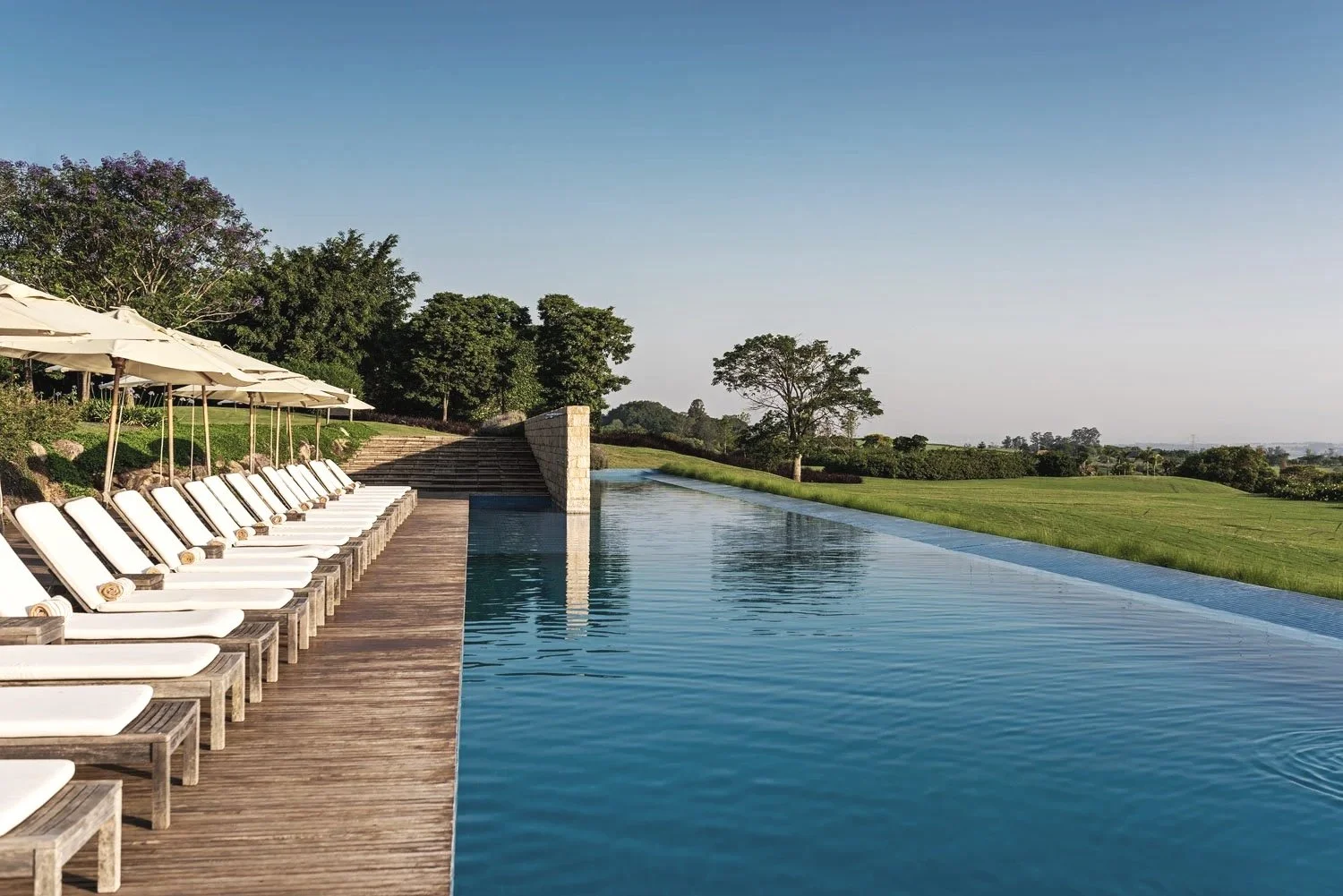 Infinity pool with white lounge chairs and umbrellas beside green grass and trees under a clear sky.