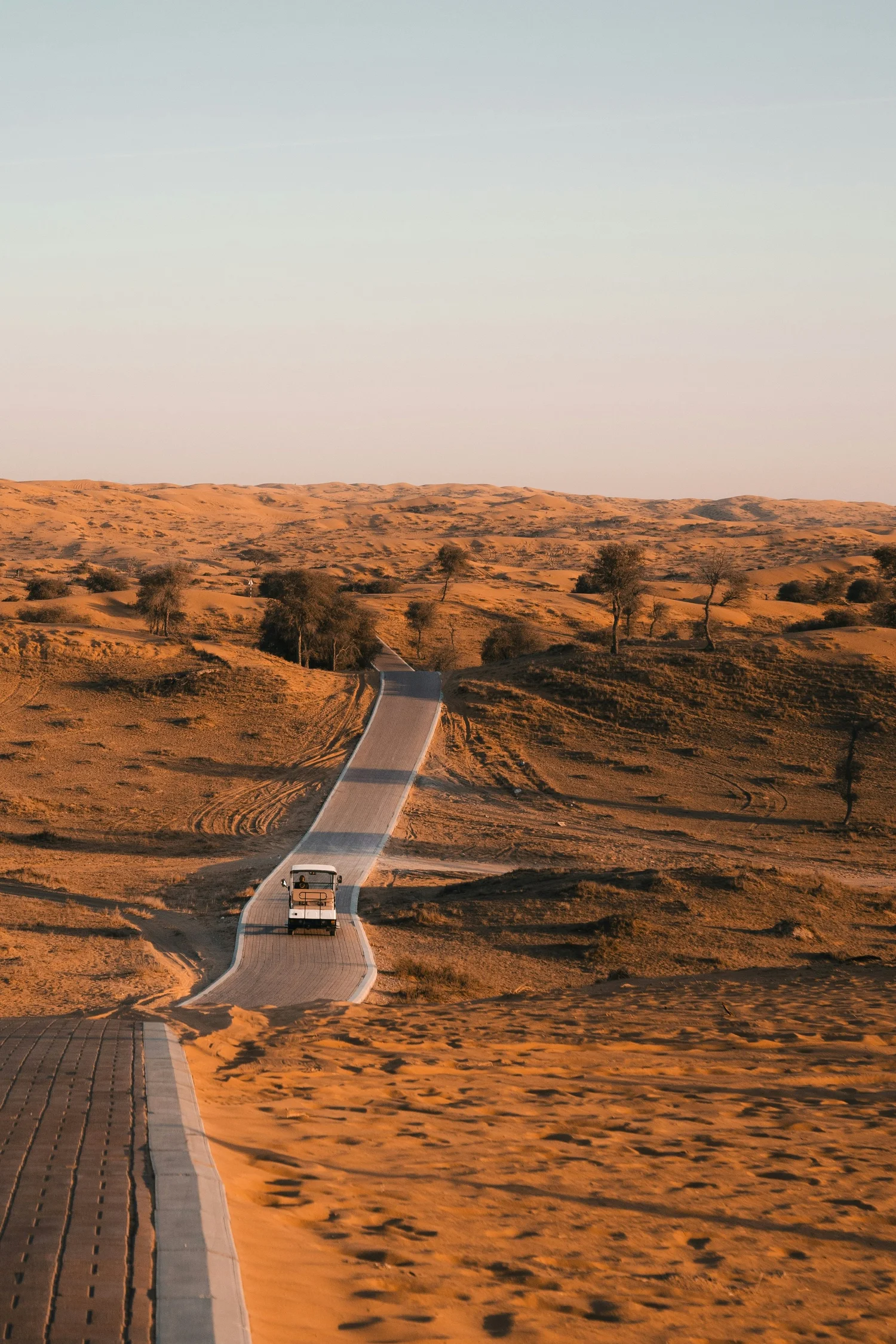 A golf cart driving on a winding paved road through a desert landscape at sunset, with sparse trees and rolling sand dunes in the background.