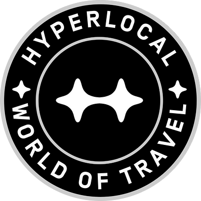 Black circular logo with the words 'Hyperlocal World of Travel' around a central abstract star shape. Trademark logo.