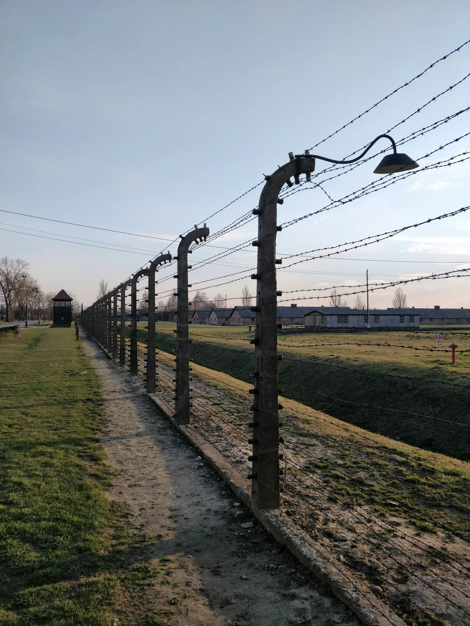 A barbed wire fence extends into the distance along a dirt path outside, with a grassy area on one side and a row of houses and an open field on the other. The sky is clear and sunny.