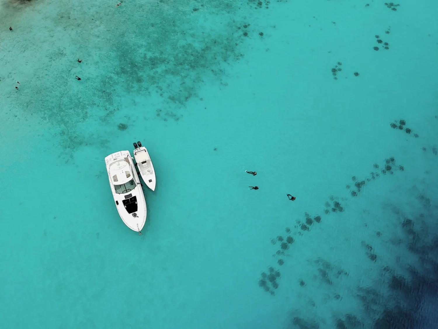 Aerial view of a turquoise ocean with two boats and five snorkelers swimming nearby, leaving a trail in the water.