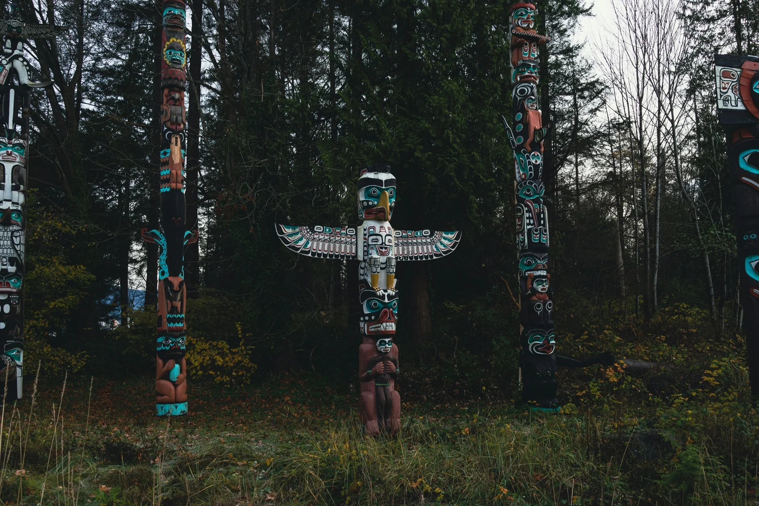 Several tall, colorful totem poles with traditional Indigenous designs are placed in a forest area with trees and shrubbery in the background.