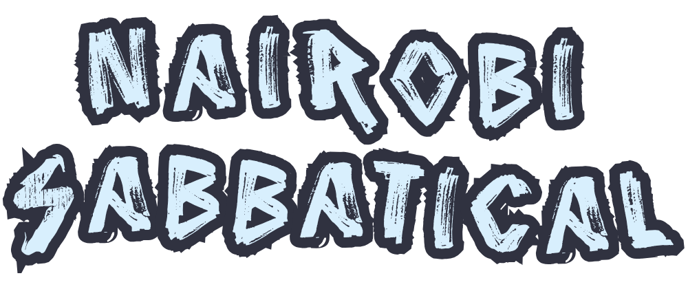 Text in a graffiti style that reads "NAIROBI SABBITICAL" in light blue letters with a dark background. Hyperlocal World of Travel.