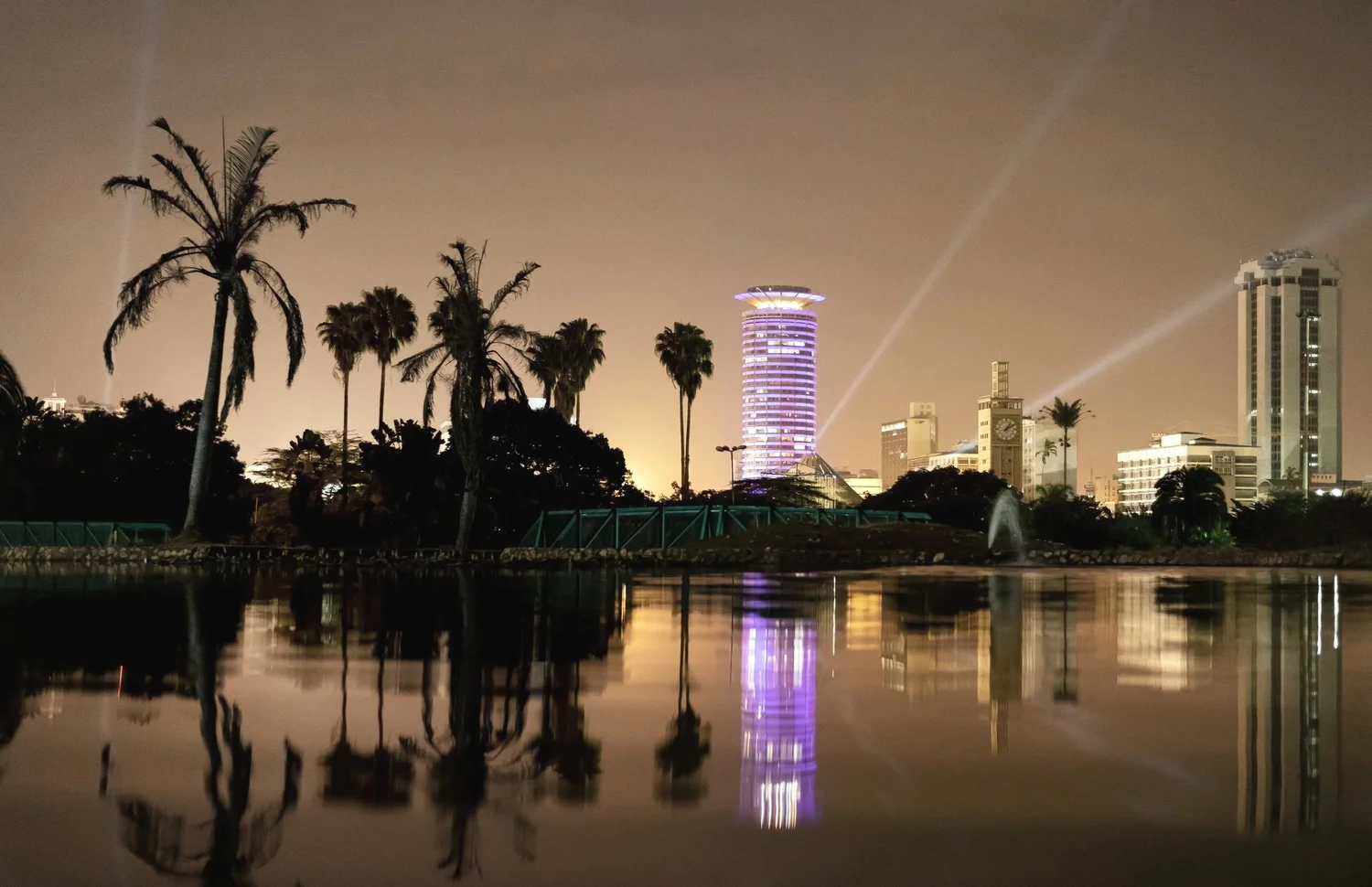 Nighttime cityscape featuring high-rise buildings, some illuminated in purple, with palm trees and their reflections in a body of water in the foreground.
