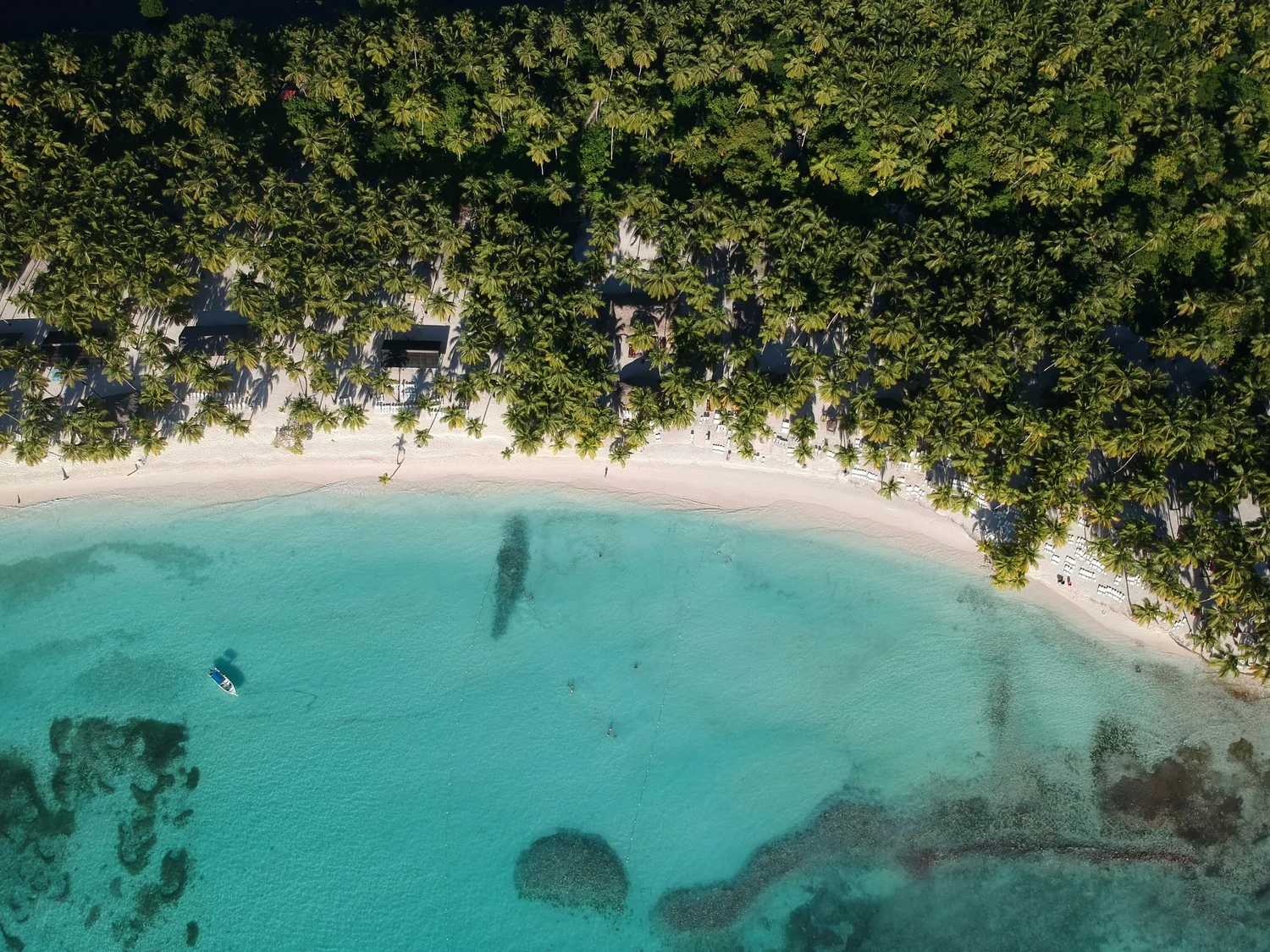 Aerial view of a tropical beach with clear turquoise water, white sandy shore, and a dense area of palm trees and greenery along the coast.