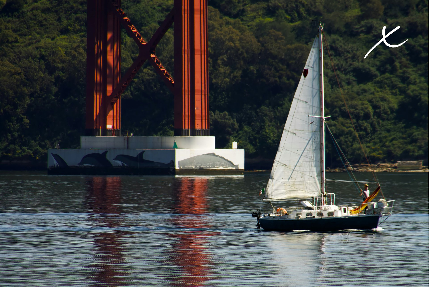 A sailboat on water with a bridge in the background, surrounded by green trees.