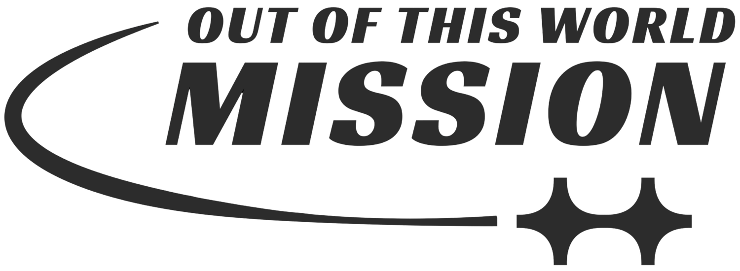 Black logo with the words 'Out of This World Mission' in bold font, with an orbiting swoosh and a three-pointed star shape at the bottom right.